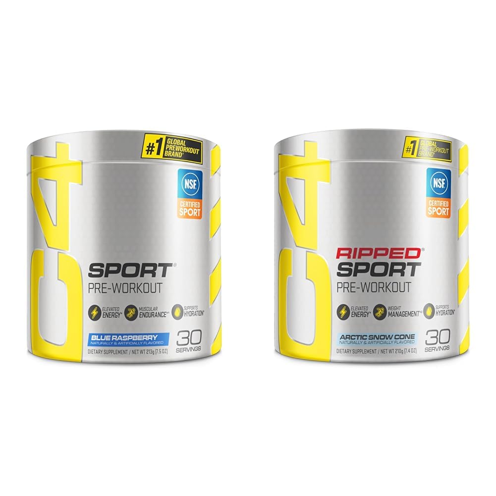 Cellucor C4 Sport Pre Workout Pulver Blå Hindbær til Sport 30 Servering & C4 Ripped Sport Pre Workout Pulver Arctic Snow Cone - NSF Certificeret til Sport + Sugar Free Preworkout Energy Supplement