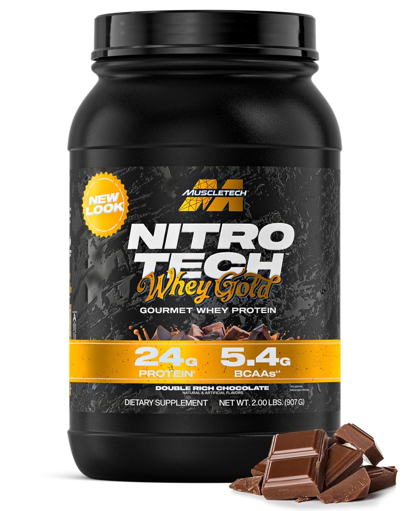 Muscletech Whey Protein Powder (Double Rich Chocolate, 2LB) - Nitro- Tech Whey Protein Isolate Smoothie Mix for Lean Muscle & Recovery - 24g af Whey Gold for kvinder & mænd - Packaging May Vary