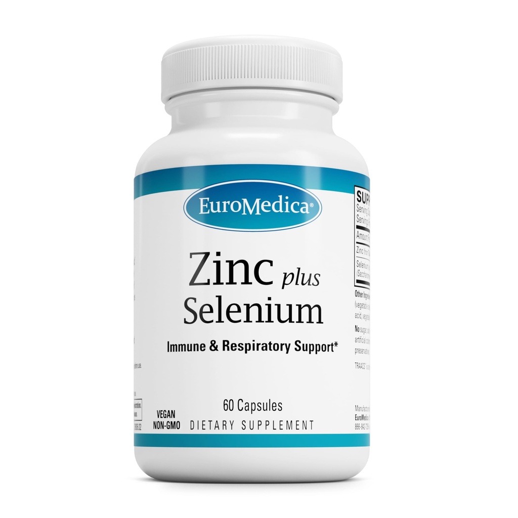 EuroMedica Zink Plus Selenium - immunforsvar og respiratorisk helbredssupport - Mineral supplement med zink Bisglycinate Chelate - Formel med Selenium til cellular helbredssupport - 60 kapsler