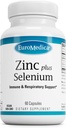 EuroMedica Zink Plus Selenium - immun- og respiratorisk helbredssupport - Mineral supplement med zink Bisglycinatchelat - Formel med Selenium til cellular helbredssupport - 60 kapsler