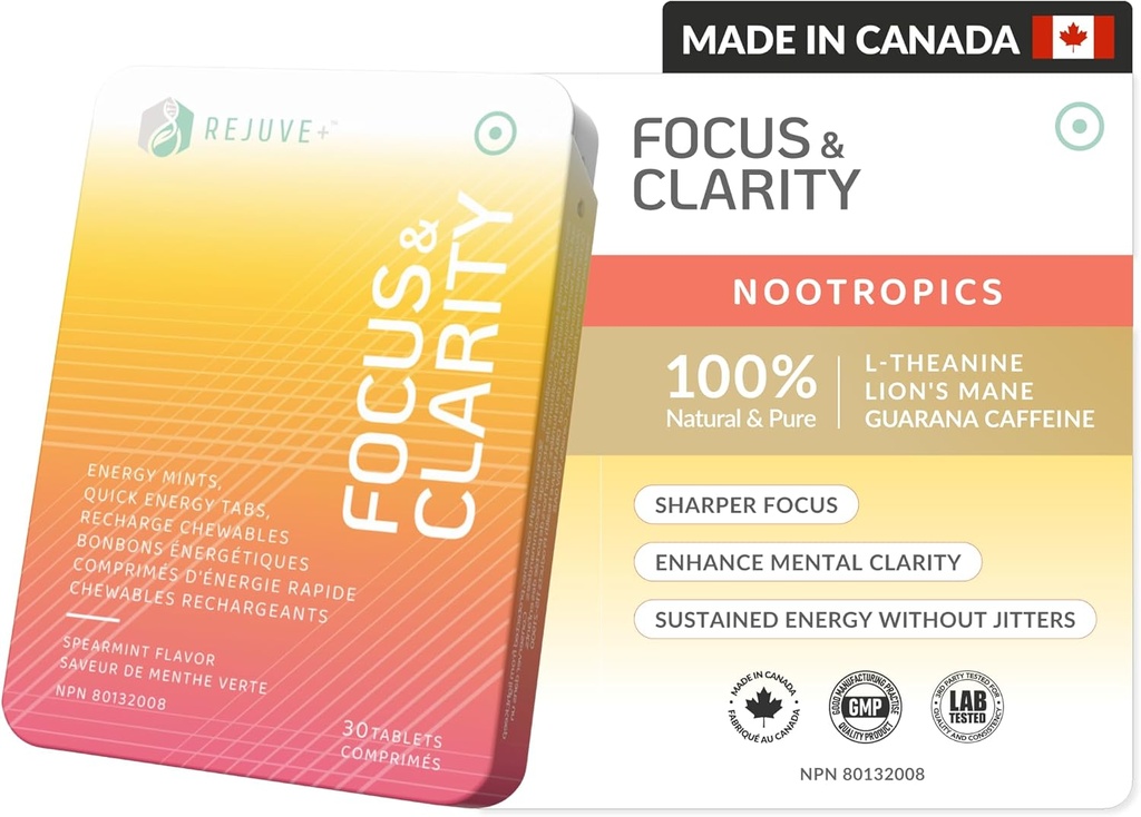 Fokus & Clarity Nootrop Supplement - Brian Boost Buddy 124; L- Theanin, Koffein, Lions Mane, Magnesium, B6-vitamin & B12 Buddy; Hjernestøtte, Hukommelse, Focus & Energy Buddy 124; Mint Flavor (30 tyggeapparater) (1)