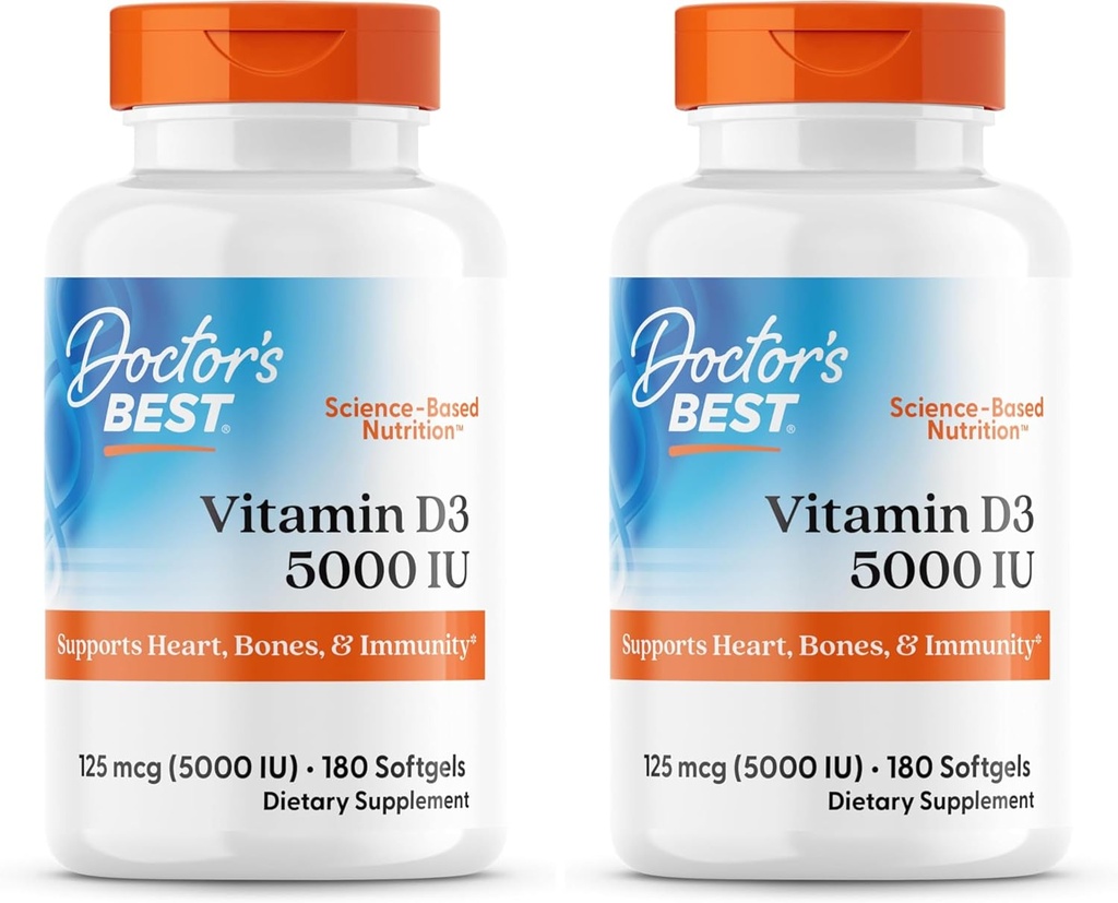 Doctor 's Best Vitamin D3 5000IE, non-GMO, Gluten & Soy Free, Regulerer immunfunktion, understøtter sunde knogler, hvid, ingen smag, 180 greve (pakke af 2)
