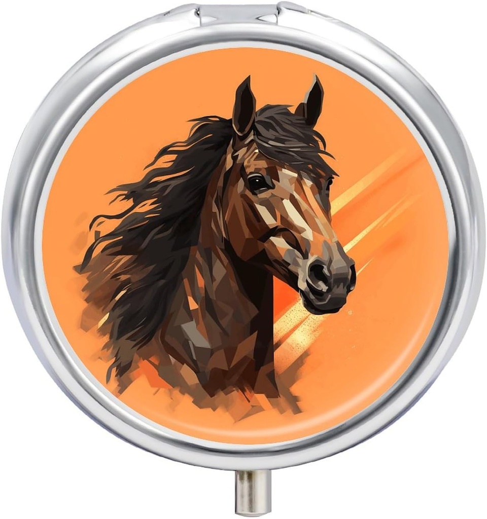 Travel Pill Box til Purse & Pocket, Orange Baggrund med Horse Head Print Metal Small Pill Case, Round Cute Pill Organizer, 3 kompartment Pill Container, Mini Pill bokse til piller, vitaminer, kosttilskud, en