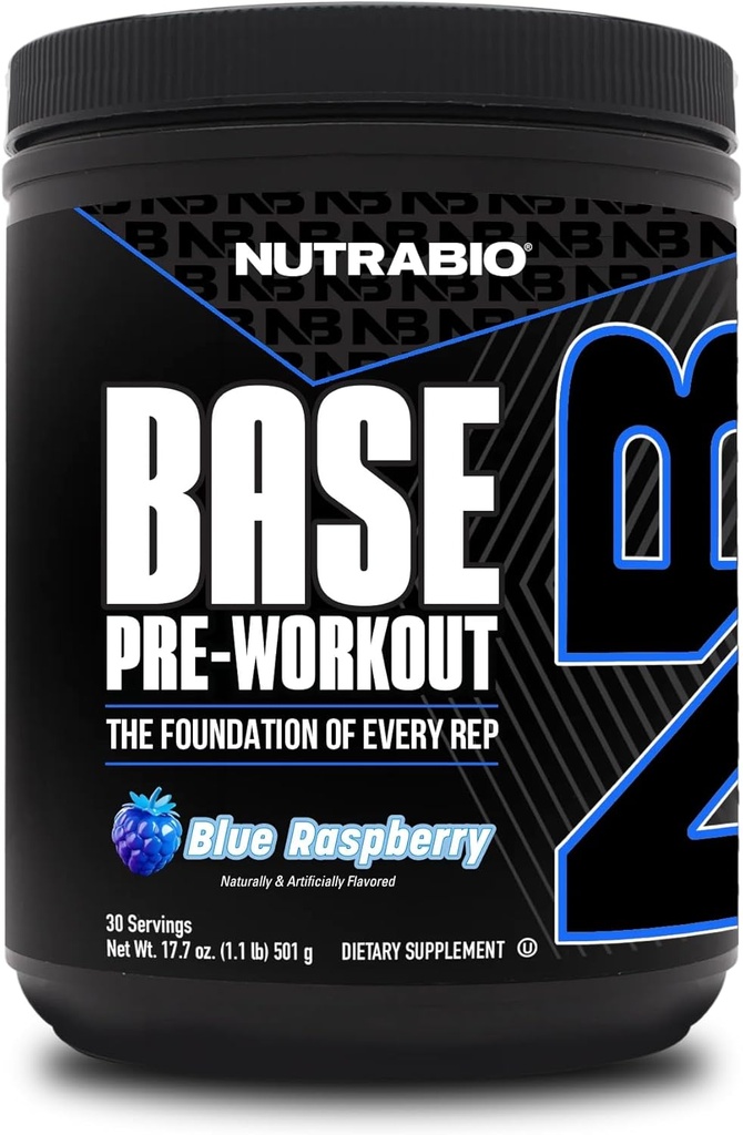 NutraBio Base Pre- Workout Pulver 200mg Koffein, Vedvarende energi, Fokus, Endurance, Pump, Sukker fri, Ren Preworkout for mænd og kvinder - Beta Alanine, L- Tyrosine, 30 Serveringer - Blå Hindbær
