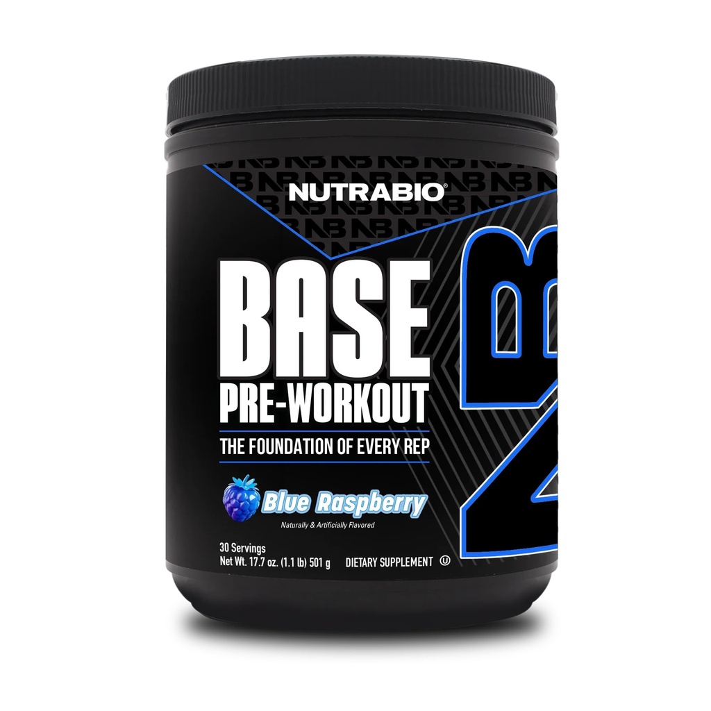NutraBio Base Pre- Workout Pulver 200mg Koffein, Vedvarende energi, Fokus, Endurance, Pump, Sukker fri, Ren Preworkout for mænd og kvinder - Beta Alanine, L- Tyrosine, 30 Serveringer - Blå Hindbær