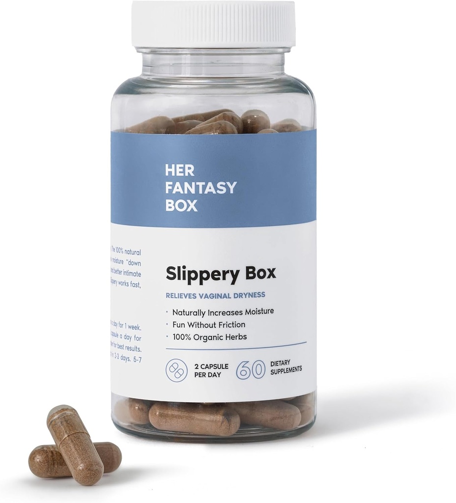 Hendes fantasiboks er 124; Slippery Box er 124; hurtigtvirkende Slippery Elm kapsler til feminine wellness & intimate fugtighedsunderstøttelse - 60 Veganske kapsler