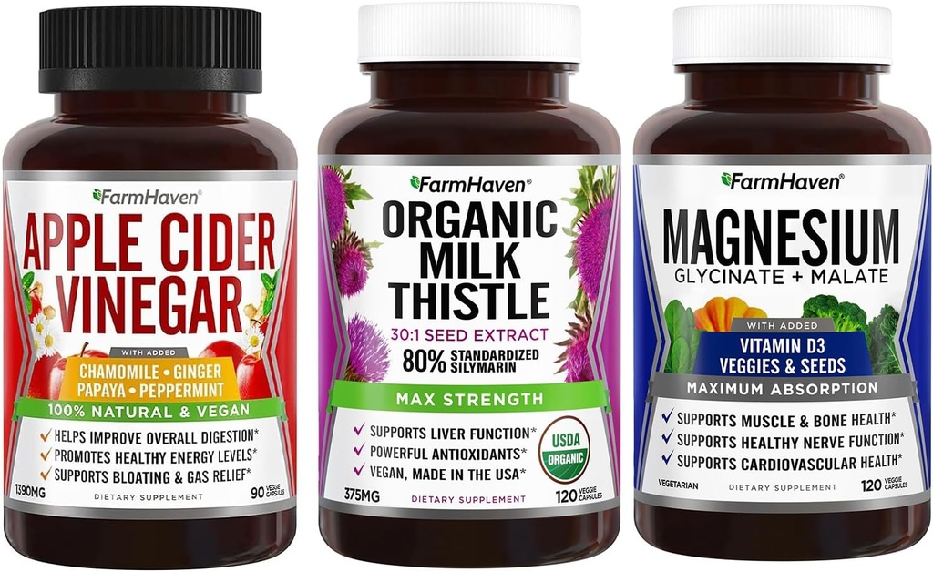 FarmHaven Apple Cider Vinegar Capsules with Ginger & Magnesium Glycinate & Malate Complex w/Vitamin D3 & Milk Thistle Capsules