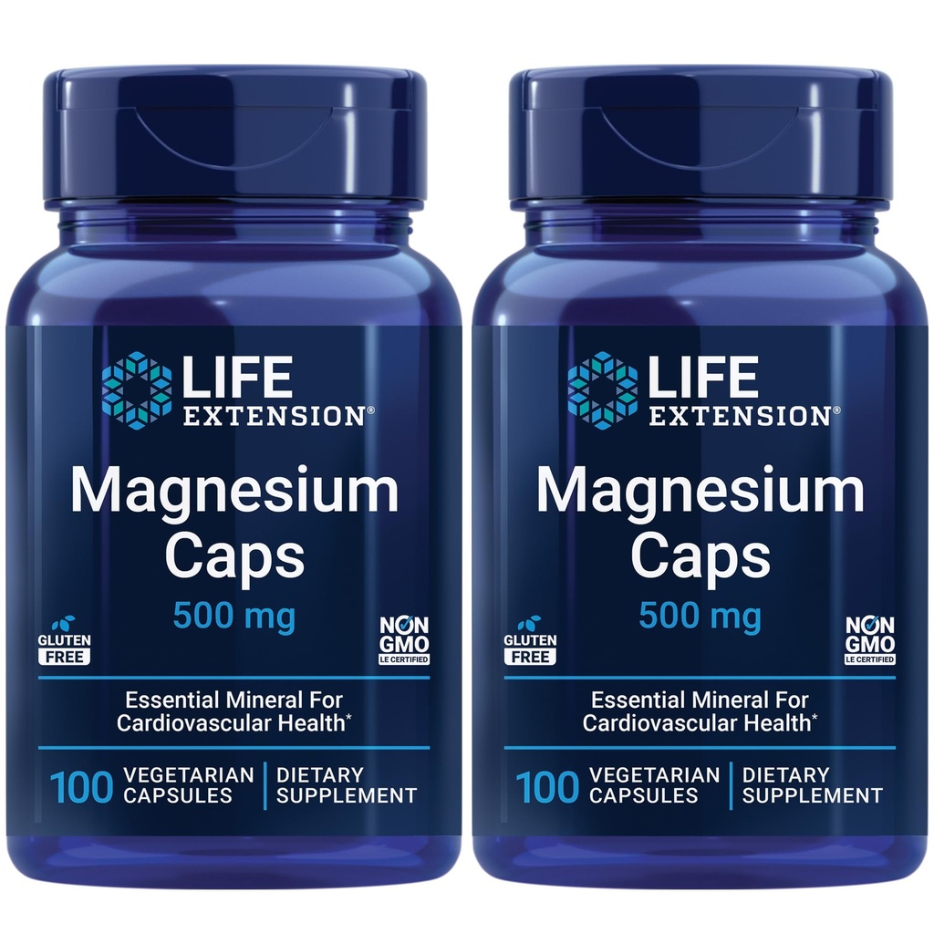 Life Extension Magnesium Caps, 500 mg, Magnesium Succinat, Heart Health, Sunde knogler, Metabolisme Support - pakke med 2 - 2 x 100 Vegetariske kapsler
