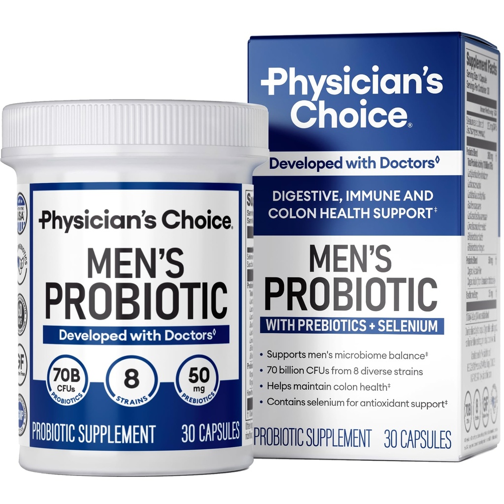 Lægens valg Probiotika for mænd - 70 Millioner CFU - 8 Stammer - w / Selenium & Organic Prebiotics - Understøtter fordøjelsessundhed, Microbiome, Colon, og immunforsvar - Avanceret mænds Probiotika - 30ct