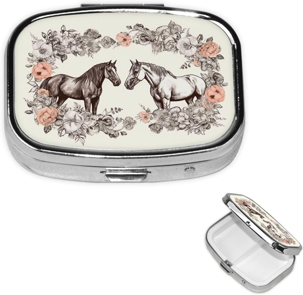 Pill Box Blomster og Heste Hånd Drawn Square Pill sag for purse & Pocket 2 Segment Medicin Pill Organizer Portable rejse Pillbox Medicin Vitamin Cod Lever Oil Storage Box