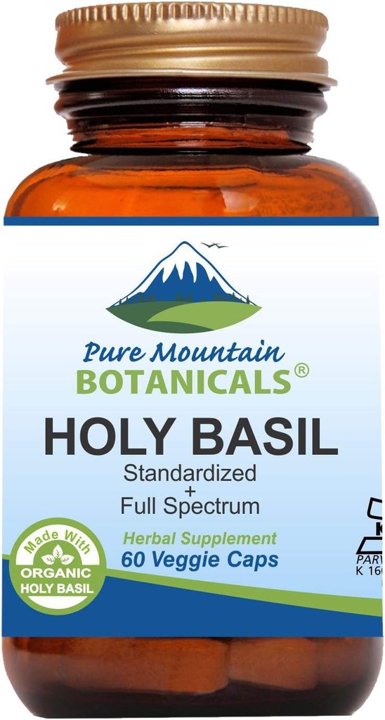 Pure Mountain Botanicals Holy Basil Kapsler - Kosher Vegan Caps med 450mg Økologisk Holy Basil Tulsi & Holy Basil Extract fra Indien
