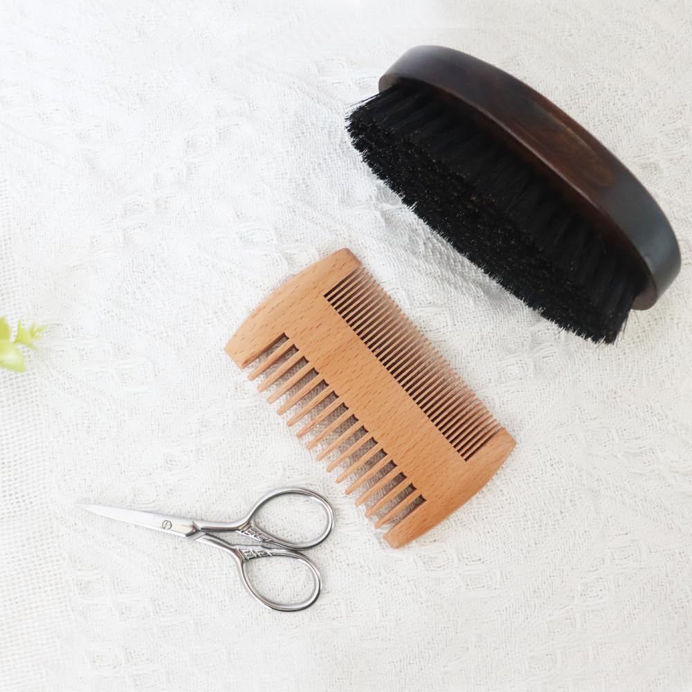 Beard Grooming Kit, Beard Care Set, Mænds Grooming Kit, Beard Trimming Kit, Natural vildsvin Brittle Brush og Pære træ Comb Set for Mænd - Dobbelt Action Grooming for Beards og Mustaches
