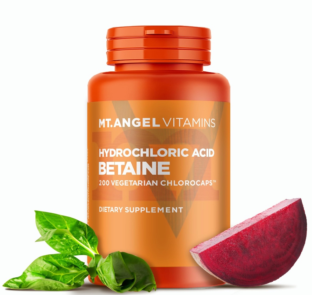 Mt. Angel Vitaminer - Saltsyre betain, Understøtter sund fordøjelse & Gastriske safter (200 vegetariske chlorocap)