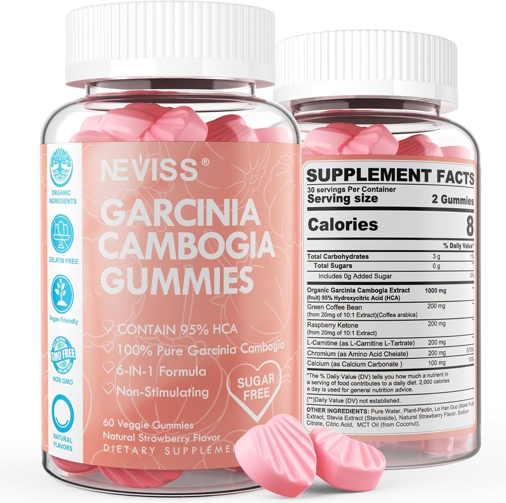 Sukkerfri Garcinia Cambogia Gummies 1000mg 95% HCA med L- Carnitin, Hindbær Keton, Chrom, Green Coffee Bean for Metabolisme, Energy Boost, 100% Organic Extract, Vegan, Strawberry Flavor 120 Cts