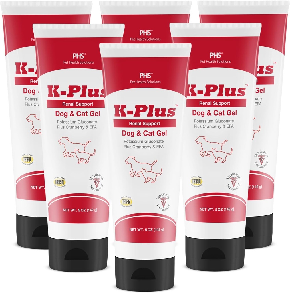 K- Plus Kalium Gluconate Renal Gel Plus Cranberry og EPA for hunde og katte - Veterinarian Godkendte Renal Supplement - Understøtter Kalium Balance - (6 Pack, Gel)