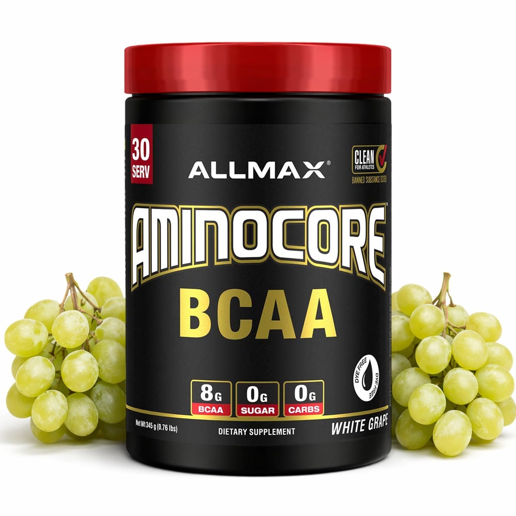 ALLMAX Nutrition AMINOCORE BCAA Powder, 8.18 Bedste Aminosyrer, Intra og Post Workout Inddrivelse drik, Gluten Free, White Grape, 315 g