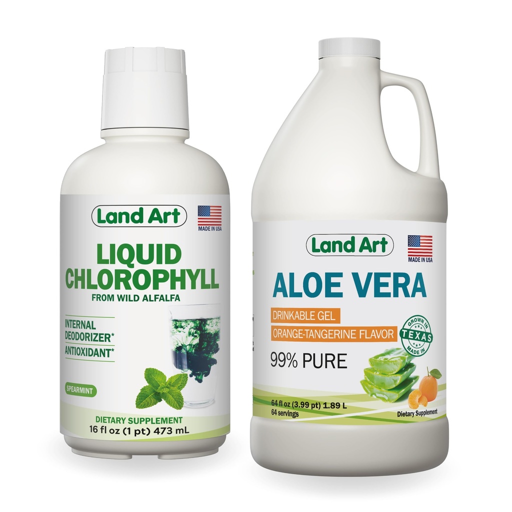 Land Art Aloe Vera Drinkable Gel - Orange Tangerine Flavored - Cold- Forarbejdede - Økologiske Friske Blade - 64floz + Flydende Chlorophyll Mint Flavered - Cold Extracted from Wild non-GMO Alfalfa - 16floz