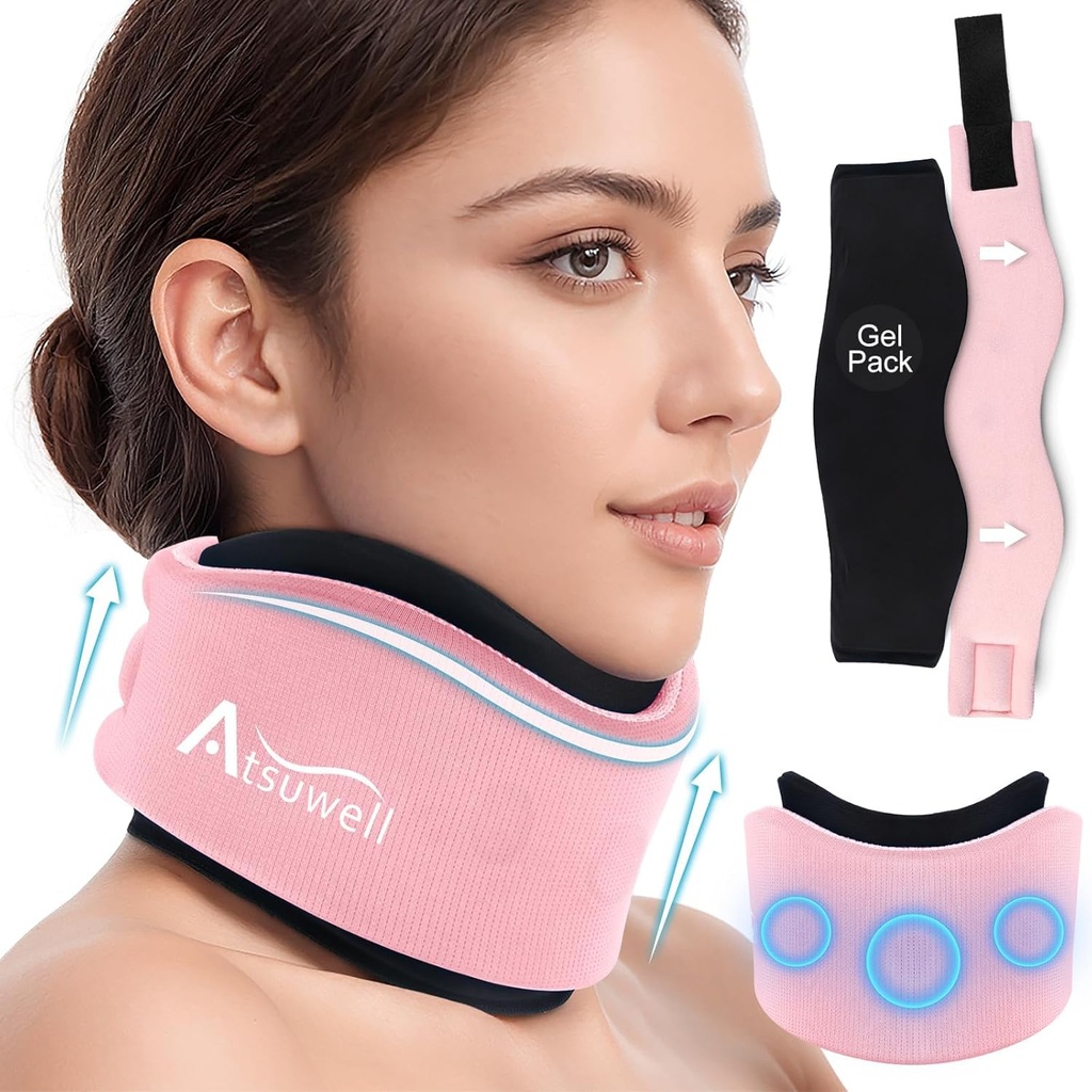 Atsuwell Soft Neck Brace Cervical Collar, Justerbar Neck Support Brace med Aftagelig Gel Pack, Genanvendelig Ice Wrap til Korrekt Postur, Søvn, Pink