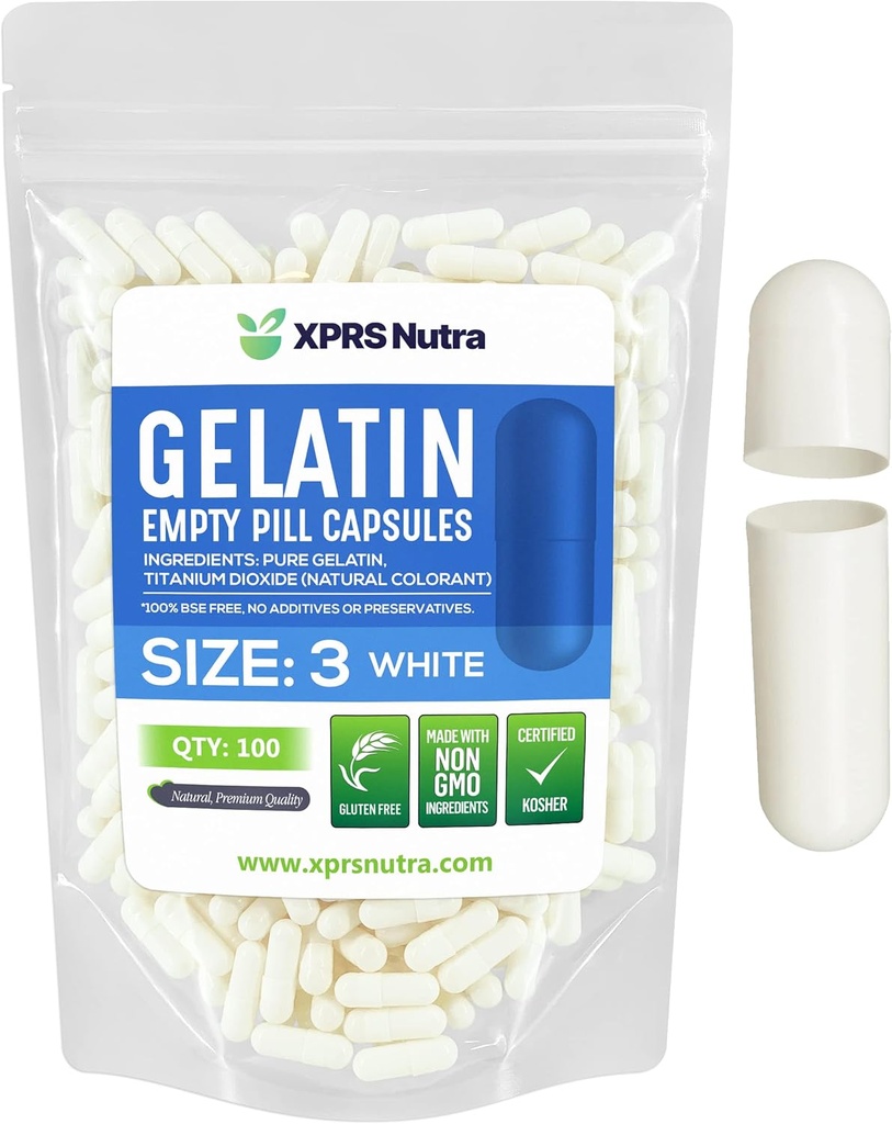 XPRS Nutra Størrelse 3 Tomme kapsler - 100 Tomme Gelatine kapsler - Piller gør det selv Capsule Filling - Pure Bovin Pill Gel Caps Fyldelig Do- It- Yourself Vitamin og kosttilskud (hvid)