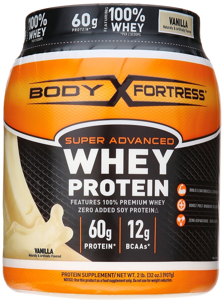 Body Fortress Super Advanced Whey Protein Powder, Plus Creatin and Glutamin, Gluten Free, Vanilla, 32 Ounce (2lb)