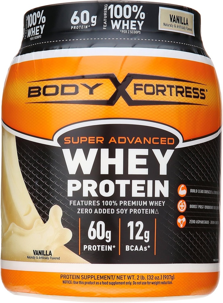 Body Fortress Super Advanced Whey Protein Powder, Plus Creatin and Glutamin, Gluten Free, Vanilla, 32 Ounce (2lb)