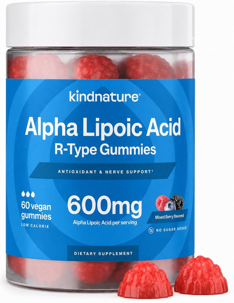 Kindnature Alpha Lipoic Acid Gummies - neuropati kosttilskud - Vegan, sukkerfri, lav kalorie 600 mg ALA supplement - Pure ALA Alpha Lipoic Acid 600 mg for antioxidant kosttilskud