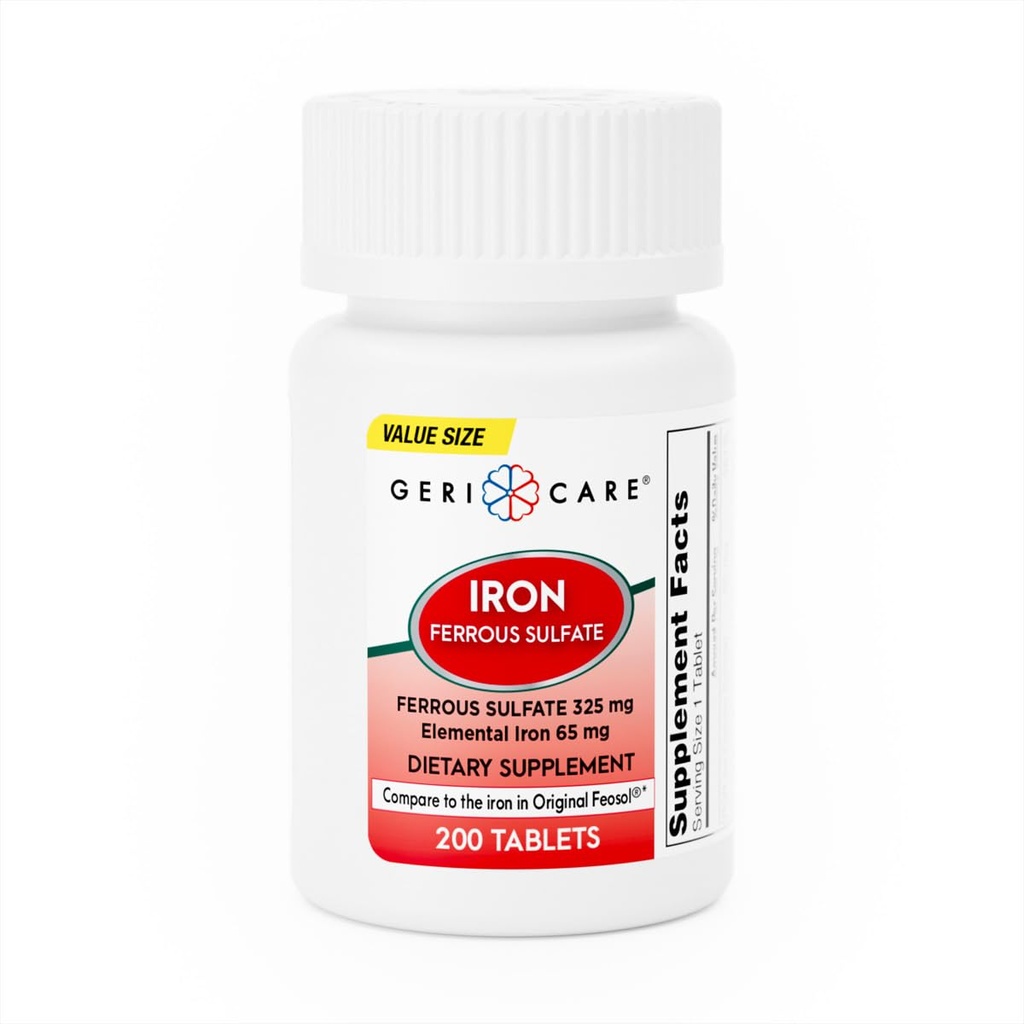GeriCare Ferrosulfat- tabletter 325mg, Elemental Iron 65 mg højpotens Iron Supplement- 124; Kosttilskud 200 Count. (Pakning med 1)
