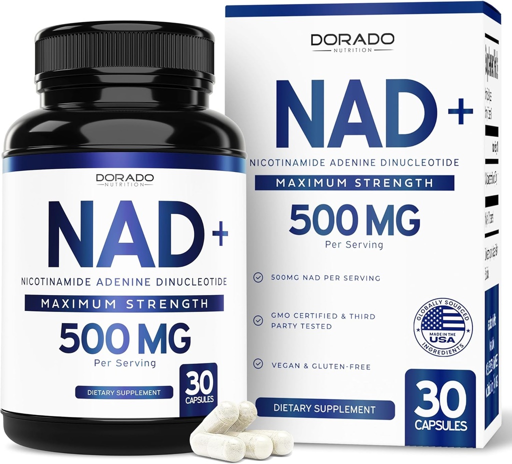 NAD Supplement (500 mg af 95% Pure NAD + Per Serving) NMN Supplement, NAD Nicotinamid Riboside Support (Tredjeparts testet, Vegan Safe, Non- GMO, Ingen Fillers, & Lavet i USA - 30 Vegan Kapsler)