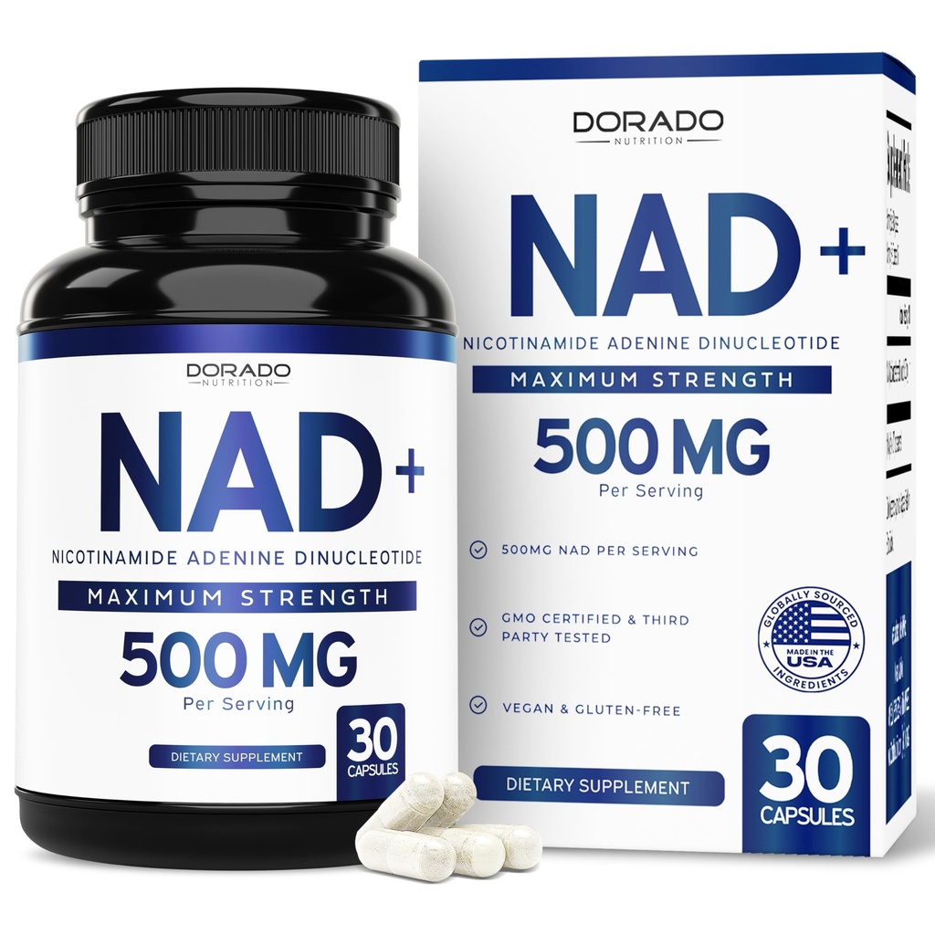 NAD Supplement (500 mg af 95% Pure NAD + Per Serving) NMN Supplement, NAD Nicotinamid Riboside Support (Tredjeparts testet, Vegan Safe, Non- GMO, Ingen Fillers, & Lavet i USA - 30 Vegan Kapsler)