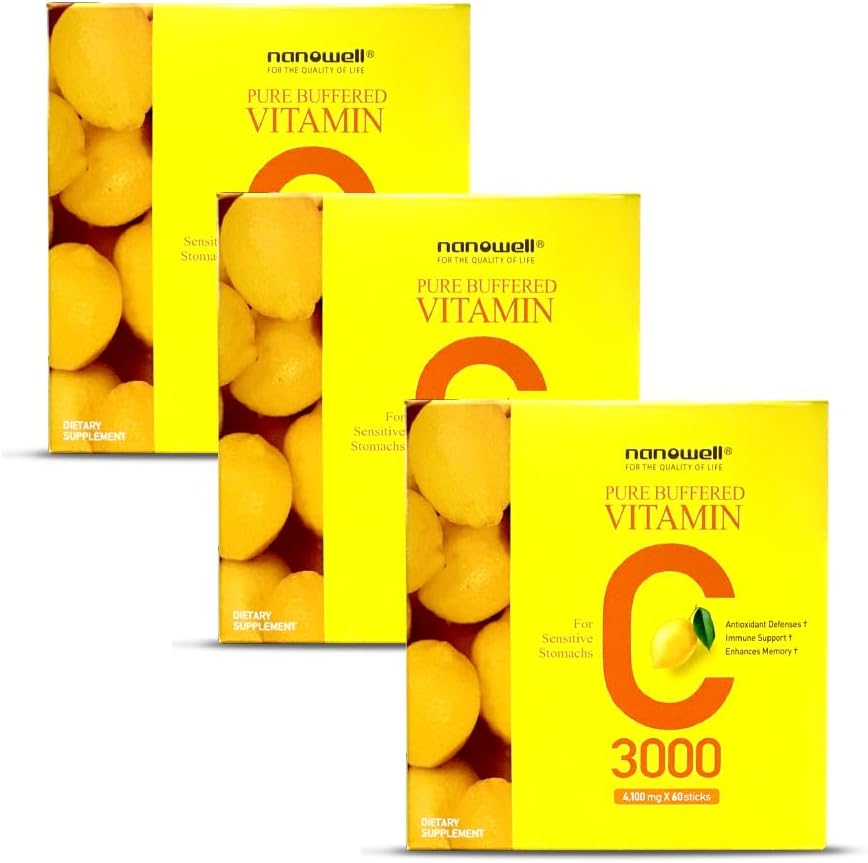 NANOWELL Pure Buffered C-vitamin 3000 mg per servering, Kosttilskud til immunforsvar - 60 sticks x 3 bokse, 6 måneder Tilgang (180 Tæl)
