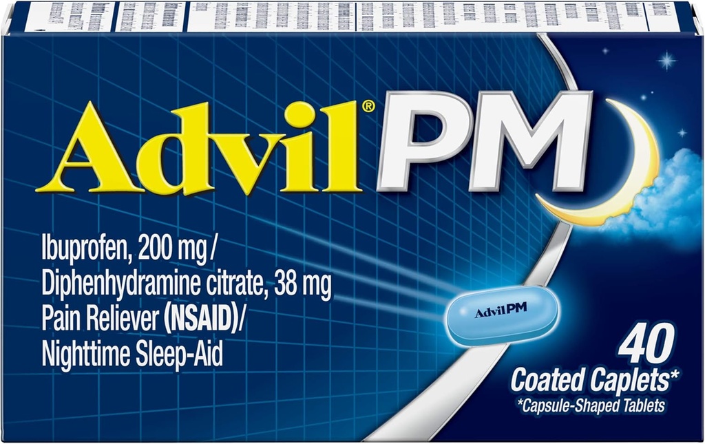 Advil PM (40 Greve, pakke med 2) Smerte Reliever / Nattetid Søvnhjælp Overtrukket Caplet, 200mg Ibuprofen og 38mg Diphenhydramin Citrat