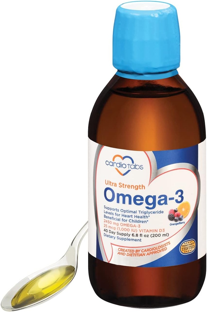 Ultra Strength Liquid Omega-3 + D3- vitamin, Fish Oil Supplements 4,500mg Omega-3 Marine Oil from Fish Oil and Calamarine, 2,130mg DHA and EPA, + 1000 IE D3- 6,8 fl oz
