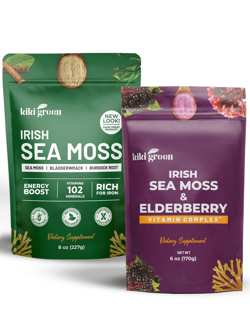 KIKI Green Sea Moss Powder Bundle - immunforsvar Superfood Complex 8 oz, 6 oz - Raw Sea Moss, Burdock Root, Bladerwrack, Elderberry Extract - for Immunity Boost, Energi & Sundhed Support