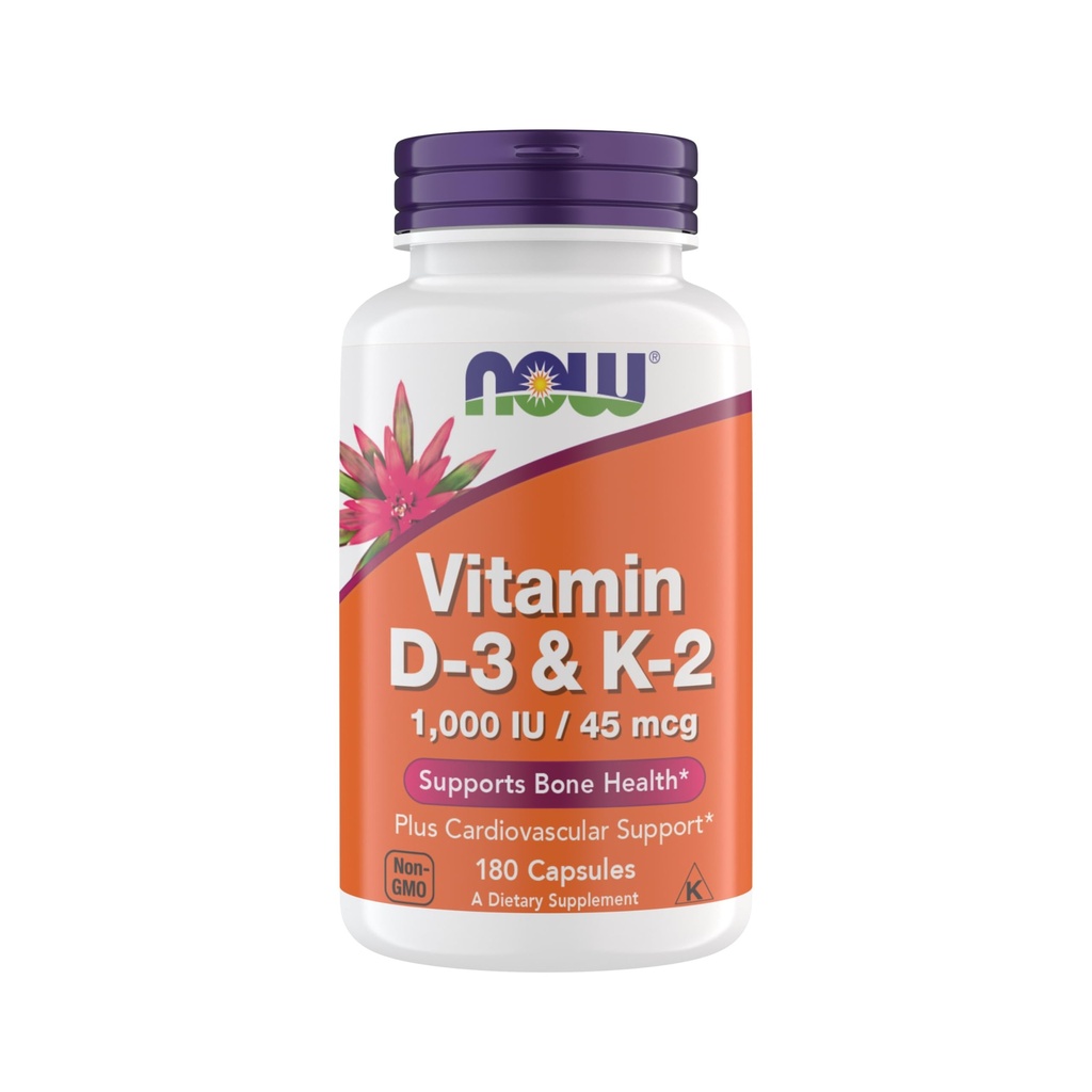 Kosttilskud D3 K2, 1000 IE / 45 mcg, Kardiovaskulær Support, Understøtter Bone Health, 180 Vegetariske Kapsler - Vegan, Gluten Free, Kosher