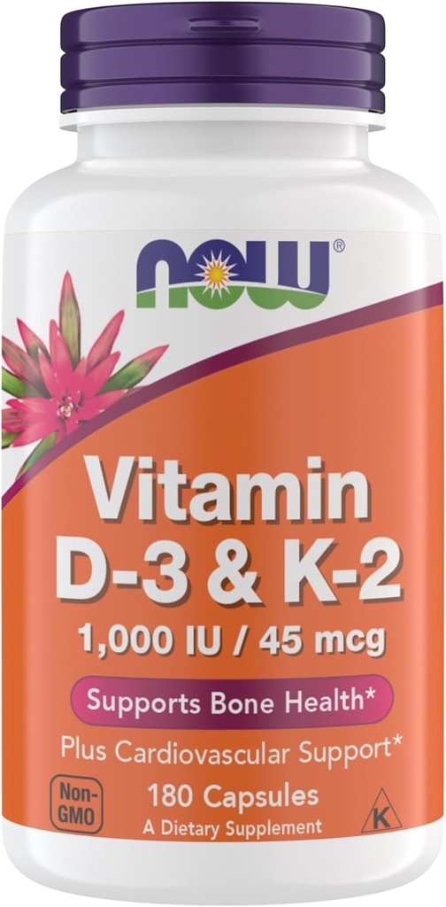 Nu Kosttilskud D3 K2, 1000 IE / 45 mcg, Kardiovaskulær Support, Understøtter Knoglehelbred, 180 Vegetariske Kapsler - Vegan, Gluten Free, Kosher Vitamin D3 og K2 Kosttilskud (Pakning med 1)