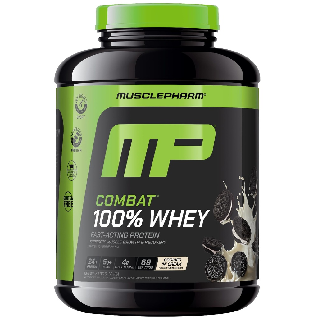 MusclePharm Combat 100% Whey Protein Powder, Cookies 'N' Cream Flavor, Fast Recovery & Muscle Gain med Whey Protein Isolate, High Protein Powder for Women & Men, Gluten Free, 5 LB, 69 Servering