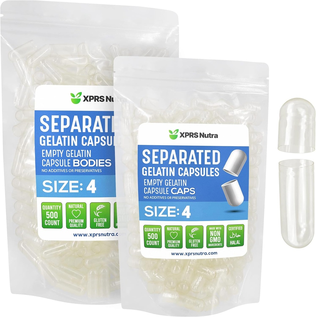 XPRS Nutra Gelatine Størrelse 4 Separated Kapsler - 500 Count Clear Small Tomme Kapsler Separated in Bags - DIY Filtable Pille Caps - Størrelse 4 Gel Do- It- Yourself Vitamin og Supplement Fyldning