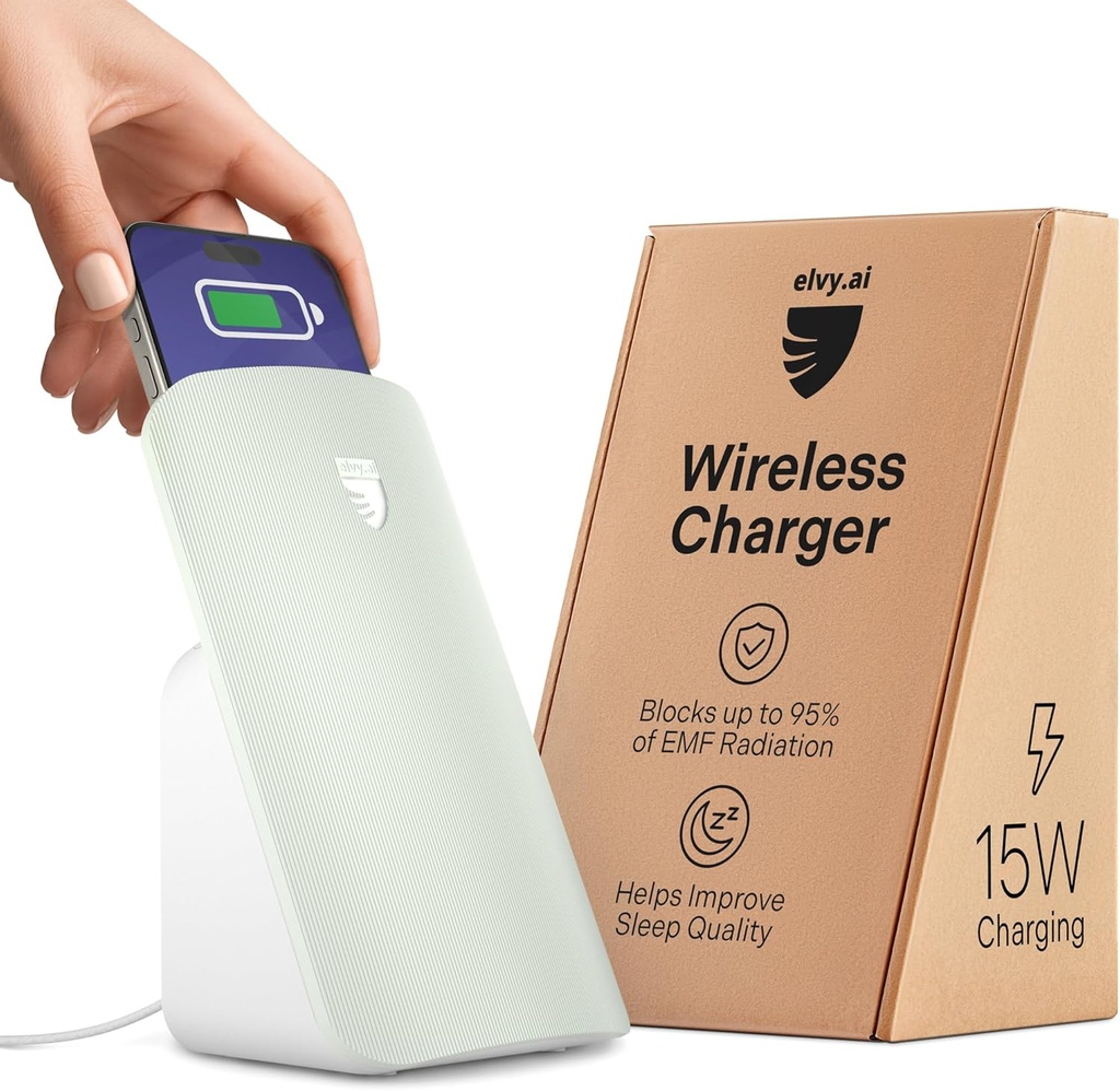 Elvy Fast Qi Trådløs oplader til Cell Phones - Designet med EMF Management Technology for Enhanced Charging, Advanced Environmental Shielding, Lab Testet af Ordos Tech, 2023 (Mint Green)