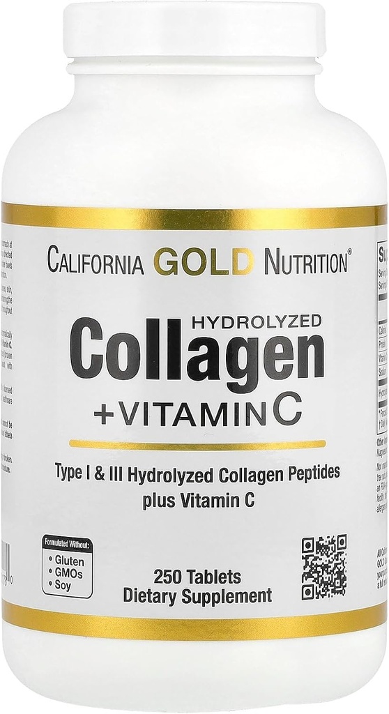California Gold Nutrition Hydrolyzed Collagen Peptider + C-vitamin Support for Hår, Hud, Nails, Joints, & Bones - Feating Type I & III Collagen Peptider - Gluten Free, Non- GMO - 250 tabletter