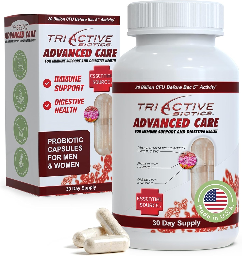 Essential Source Triactive Biotics Advanced Care - 20 Millioner CFU Probiotika til fordøjelsessygdomme, immuntilskud, mikroindkapslet Probiotika til kvinder og mænd, 30 Ct kapsler