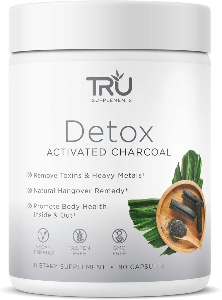 TRU Kosttilskud Detox Rengøring Kapsler med aktiveret Charcoal, Hele kroppen Rengøring til Bloating Relief & Clear Skin, Vegan- Friendly Natural Detox Support, 60 Servering