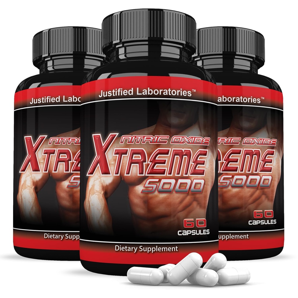 Justified Laboratories (3 Pack nitrogenoxid Xtreme 5000 Avancerede mænds Heath Formel 60 Kapsler