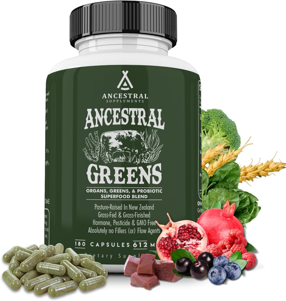 Ancestral Kosttilskud Grønne Powder Kapsler, Organic Superfood Green & Red Blend med Spirulina, Chlorella, Græs Fed Beef Organs, og Probiotika til Gut Health, Ikke GMO, 612mg Hver, 180 Greve