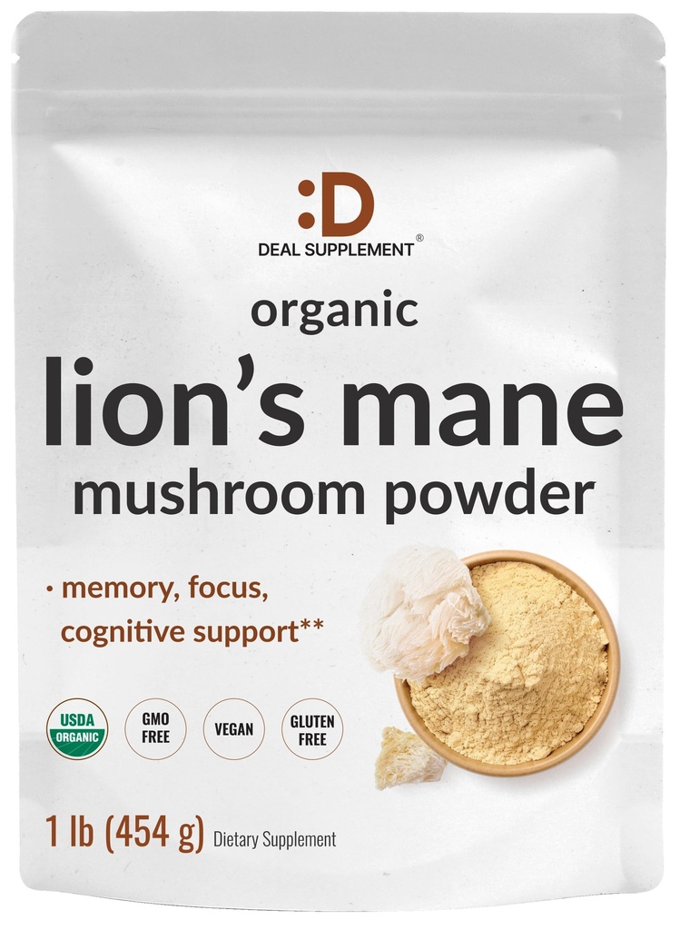 DEAL SUPPLEMENT Organic Lions Mane Mushroom Powder Supplement, 1.500mg Per Serving, 1lb - Active Fruiting Body & Mycelium Extract - Natural Brain Nootrop & Immunsystem Booster - Non- GMO