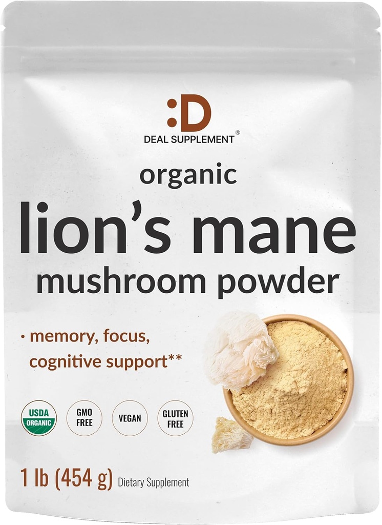 DEAL TILLÆG Organic Lions Mane Mushroom Powder Supplement, 1.500mg Per Serving, 1lb - Active Fruiting Body & Mycelium Extract - Natural Brain Nootrop & Immunsystem Booster - non-GMO