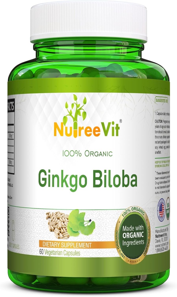 NutreeVit 100% Økologisk Ginkgo Biloba Kapsler - Understøtter Hjerne Sundhed, Mental Alerness, Cirkulation, og Øger Hukommelse - Økologisk Antioxidant - 100 Count Flaske