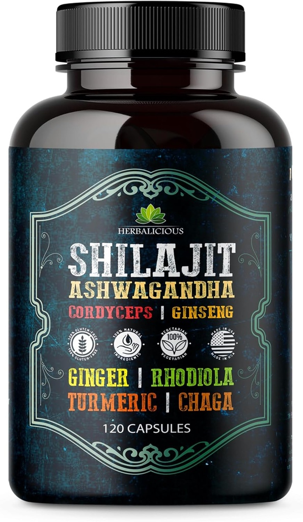Shilajit for Men – 8-in-1 Adaptogenic Supplement with Ashwagandha, Cordyceps, Ginseng, Rhodiola, Turmeric, Chaga & Ginger – Natural Energy, Stress Relief & Immune Support – 120 Vegan Capsules