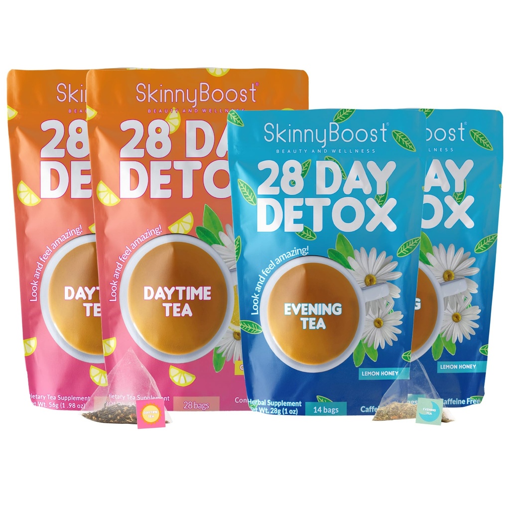 Skinny Boost Detox Tea Kit - 4 PAKNING - 2 Daytime Teas (56 Tasker) 2- Aften Teas (28 Tasker) - Herbal Detox for Vægt, Metabolisme, Energi, Bloating & Colon Cleanse - Grøn Tea, Vegan, Keto, Non- GMO, Sugar- Free