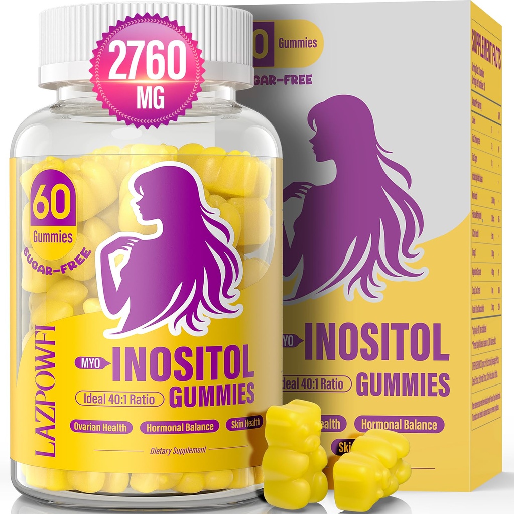Myo- Inositol & D- Chiro Inositol, Inositol Gummies med vitamin D3, Magnesium Glycinat, Omega-3, Folat & Zink, Inositol Supplement Menstruationscyklus for Women- 40: 1 Ratio - 30 Day Supply