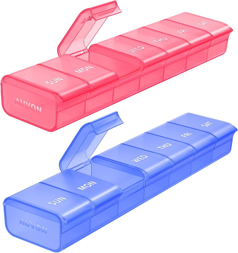 AUVON 2 Pack Weekly Pill Organizer, Dual- Color Large Pill Case sæt til multiple Pill Tracking, Pill Box 7 Dag for rejser, Pill Container til hjemmet brug for at holde vitaminer, kosttilskud, Medicin